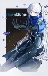Rule 34 | 1girl, belt, bkornblume, black coat, black dress, black gloves, blue eyes, blue flower, blue pantyhose, blue scarf, border, character name, coat, cornflower, covered mouth, dark background, dress, feet out of frame, flower, gloves, grey border, headphones, highres, long dress, long hair, outside border, outstretched arms, pantyhose, reverse:1999, sam browne belt, scarf, scarf over mouth, seventeen meimi, sitting, solo, very long hair, white hair