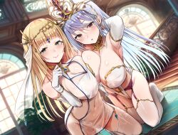 2girls arm_behind_head asymmetrical_docking blonde_hair breast_press breasts circlet cleavage cleavage_cutout clothing_cutout collar crown dress full_body garter_belt garter_straps green_eyes grey_hair indoors large_breasts long_hair mappaninatta metal_collar multiple_girls original red_eyes stairs thighhighs wet wet_clothes