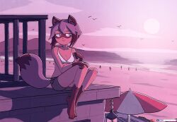 1girl animal_ears animal_nose artist_name barefoot beach beach_umbrella bikini bird black_hair blue_hair bob_cut body_fur brand_new_animal breasts brick_wall bright_pupils cleavage cloud commentary curled_fingers dark-skinned_female dark_skin dusk english_commentary flying furry furry_female gradient_sky grey_shorts hair_between_eyes hand_on_own_chest hand_on_own_knee highres horizon instagram_logo inverted_bob kagemori_michiru keetydraws knees_up lantern ledge looking_at_viewer looking_to_the_side medium_breasts midriff mountainous_horizon multicolored_hair narrowed_eyes naughty_face ocean on_roof outdoors paid_reward_available parted_lips patreon_logo people purple_sky raccoon_ears raccoon_girl raccoon_nose raccoon_tail railing raised_eyebrow red_eyes red_sky shadow short_hair short_shorts shorts sidelocks sitting sky smile solo_focus sun sunset swimsuit tail toes tumblr_logo turning_head twitter_logo two-tone_hair umbrella white_bikini white_pupils yellow_sky