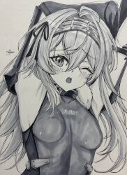 1girl ahoge armpit_cutout armpits arms_up blush breasts clothing_cutout fur_collar fur_trim furrowed_brow gloves goddess_of_victory:_nikke greyscale hair_between_eyes hair_intakes hair_ribbon hairband hatching_(texture) highres kilo_(nikke) leotard long_bangs long_hair long_sleeves looking_at_viewer monochrome mugen_kageno one_eye_closed open_mouth ribbon signature simple_background skin_tight small_breasts solo stretching traditional_media upper_body