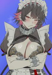 1girl absurdres black_bra black_hair black_shirt blush bra breasts cleavage collar colored_inner_hair commentary_request covering_breasts covering_privates crossed_arms ellen_joe food_in_mouth hairband highres korean_commentary large_breasts looking_at_viewer maid maid_headdress metal_collar metal_hairband metal_wrist_cuffs mole mole_under_eye multicolored_hair nompang open_clothes open_shirt puffy_short_sleeves puffy_sleeves purple_background red_eyes red_hair red_nails shirt short_hair short_sleeves solo spiked_collar spikes underwear upper_body zenless_zone_zero