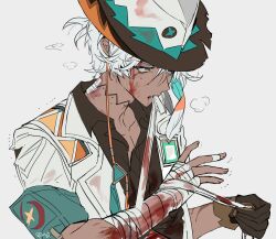 Rule 34 | 1boy, bandaged arm, bandaged hand, bandages, bandaid, bandaid on neck, bleeding, blood, blood from forehead, blood from mouth, blood on face, bloody bandages, bloody bandaid, brown shirt, coat, cowboy hat, dark-skinned male, dark skin, genshin impact, gloves, green eyes, hair between eyes, hat, highres, id card, ifa (genshin impact), injury, looking to the side, male focus, mouth hold, neck tattoo, open clothes, open coat, penzi (mok pen), scar, scar across eye, scar on arm, scar on face, shirt, short hair, simple background, single glove, solo, tattoo, teeth hold, torn clothes, torn coat, trembling, upper body, white background, white hair