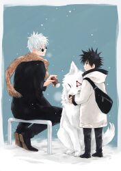 2boys aged_down black_footwear black_hair black_jacket black_pants blue_eyes brown_scarf can closed_mouth fanny_pack fushiguro_megumi gojou_satoru hair_between_eyes highres holding holding_can jacket jujutsu_kaisen kadoi_aya long_sleeves looking_at_another male_focus multiple_boys on_railing pants plaid_clothes plaid_scarf railing round_eyewear scarf short_hair simple_background sitting sleeves_past_wrists smile snowing spiked_hair sunglasses white_hair white_jacket white_wolf wolf