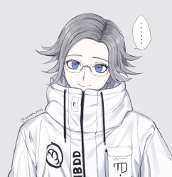 ... 1boy aotsuki_eito blue_eyes drawstring glasses grey_background grey_hair jacket male_focus seiran_yoroz short_hair simple_background smile solo spoken_ellipsis the_hundred_line_-last_defense_academy- twitter_username upper_body white_jacket