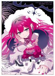 1girl baobhan_sith_(fate) baobhan_sith_(swimsuit_pretender)_(first_ascension)_(fate) book border bow breasts cernunnos_(fate) character_hood cosmetics detached_collar fate/grand_order fate_(series) fur-trimmed_jacket fur_trim grey_eyes hand_on_own_face high_heels jacket long_hair lying meiji_ken nail_polish nail_polish_bottle on_floor on_stomach open_clothes open_jacket pink_hair pointy_ears reading red_bow red_nails revision simple_background smile solo twitter_username white_border white_jacket