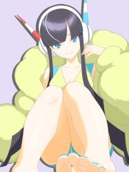 Rule 34 | 1girl, absurdres, black hair, blue eyes, blue nails, blunt bangs, breasts, cleavage, closed mouth, collarbone, commentary request, elesa (pokemon), hand up, happy, headphones, highres, jacket, knees together feet apart, long sleeves, looking at viewer, majikichi915, nail polish, nintendo, pokemon, pokemon bw2, purple background, shirt, sidelocks, sitting, smile, solo, toenail polish, toenails, toes, yellow jacket