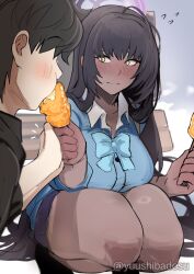 1boy 1girl black_hair black_shirt blue_archive blush bow bowtie breasts cardigan collared_shirt corn_dog dark-skinned_female dark_skin halo highres karin_(blue_archive) karin_(school_uniform)_(blue_archive) large_breasts long_hair looking_at_another pleated_skirt school_uniform sensei_(blue_archive) sensei_(blue_archive_the_animation) shirt skirt squatting very_long_hair white_shirt yellow_eyes yuushiba