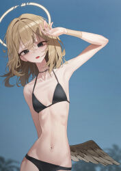 1girl absurdres angel arm_behind_back arm_up ashal_(mansu) bags_under_eyes beach bikini black_bikini black_eyes blonde_hair blue_sky blurry breasts broken_halo day depth_of_field halo highres looking_at_viewer low_wings mansu_(user_pnmp4287) narrow_waist navel neck_tattoo open_mouth original outdoors palm_tree scissor_tattoo single_wing skinny sky small_breasts solo swimsuit tattoo tree wings wristband