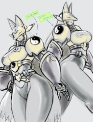 1girl armor black_bodysuit bodysuit breasts commentary_request cowboy_shot digimon digimon_(creature) facial_mark fox_mask gold_armor grey_hair highres large_breasts long_hair mas_square mask multiple_views purple_lips sakuyamon simple_background translation_request white_background