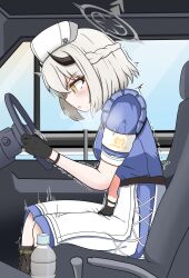 Rule 34 | 1girl, absurdres, blonde hair, blue archive, blush, boots, bottle, car, dress, female focus, gloves, highres, horns, lmc (pivix), long skirt, motor vehicle, on car, open mouth, sena (blue archive), short hair, sitting, skirt, solo, steam, sweat, trembling, yellow eyes