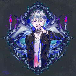 1boy black_collar black_jacket blue_eyes bracelet candle chain collar commentary earrings english_commentary fire fox_shadow_puppet grey_hair hair_between_eyes highres jacket jewelry long_sleeves male_focus matsunaka_hiro necklace open_clothes open_jacket open_mouth original ring shirt short_hair smile solo spiked_collar spikes upper_body white_shirt wolf