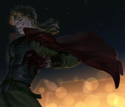 1boy bishounen blonde_hair blood blood_on_face blood_on_hands cape city_lights dio_brando ear_birthmark earrings highres jewelry jojo_no_kimyou_na_bouken long_hair male_focus night night_sky outdoors red_cape red_eyes shira_jdj sky solo stardust_crusaders vampire