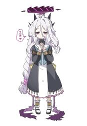 1girl absurdres alternate_costume black_halo blue_archive breasts cosplay demon_girl demon_horns demon_wings e_v_e_neko full_body halo highres hina_(blue_archive) horns long_hair mari_(blue_archive) mari_(blue_archive)_(cosplay) purple_eyes small_breasts solo standing white_hair wings