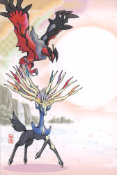 2others absurdres blue_eyes claws fangs flying full_body gen_6_pokemon highres legendary_pokemon looking_afar multiple_others nintendo no_humans official_art outdoors pokemon pokemon_(creature) pokemon_focus pokemon_tcg pokemon_xy postcard tail wings xerneas yveltal