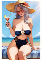 1girl absurdres bare_shoulders beach bikini black_bikini black_nails breasts cleavage cocktail_glass cup curvy drinking_glass drinking_straw earrings flower food fruit grey_hair hat hat_flower highres holding holding_cup jewelry large_breasts lime_(fruit) looking_at_viewer niijima_sae persona persona_5 red-framed_eyewear red_eyes red_lips sitting solo sun_hat sunglasses swimsuit thatpersonaguy thighs v-shaped_eyebrows