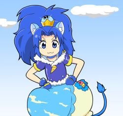 Rule 34 | 1girl, :3, animal ear fluff, animal ears, anime coloring, big hair, blue bow, blue choker, blue eyes, blue gloves, blue hair, blue jacket, blue skirt, blue sky, bow, bow skirt, bubble skirt, choker, closed mouth, cloud, commentary request, copyright request, cowboy shot, crown, crown earrings, cure gelato, day, earrings, extra ears, food, food-themed hat ornament, food print, frilled skirt, frills, gloves, gold crown, hands on own hips, hat ornament, heart, heart print, hood, hood down, hooded jacket, ice cream, ice cream cone, jacket, jewelry, kirakira precure a la mode, lace, lace-trimmed skirt, lace trim, lion ears, lion girl, lion tail, long hair, looking at viewer, magical girl, mini crown, miniskirt, outdoors, parody, pink bag, precure, senkou (shippai shoukan), short sleeves, skirt, sky, smile, solo, standing, style parody, tail, tareme, tategami aoi, two-tone bag, two-tone skirt, v-shaped eyebrows, waist bag, white skirt, yellow bag