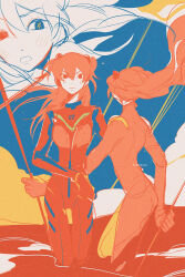 Rule 34 | 1girl, artist name, bodysuit, commentary, english commentary, evangelion: 3.0+1.0 thrice upon a time, flat color, highres, holding, holding polearm, holding weapon, interface headset (evangelion), lcl, long hair, looking at viewer, mecha pilot suit, multiple views, neon genesis evangelion, pemprika, plugsuit (evangelion), polearm, rebuild of evangelion, red bodysuit, red hair, souryuu asuka langley, wading, weapon