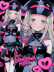 1girl absurdres bare_shoulders belt black_belt black_shirt black_skirt black_sleeves blonde_hair blush character_name closed_mouth colored_eyelashes detached_sleeves dot_nose feet_out_of_frame flat_chest flipped_hair gakuen_idolmaster grey_belt hand_on_own_hip hat heart highres idolmaster latex long_hair long_sleeves looking_at_viewer momae_mac multiple_views open_mouth orange_eyes pop_art shinosawa_hiro shirt skirt sleeveless sleeveless_shirt smile standing thigh_belt thigh_strap tongue tongue_out