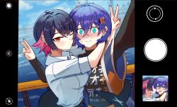 2girls absurdres belle_(zenless_zone_zero) black_hair black_shirt black_skirt blue_hair blue_nails blush closed_mouth ellen_joe ellen_joe_(on_campus) fake_screenshot fins fish_tail highres hug looking_at_viewer multicolored_hair multiple_girls nail_polish number_hair_ornament official_alternate_costume one_eye_closed red_hair red_nails selfie shark_girl shark_tail shirt short_hair skirt tail two-tone_hair v white_shirt yuri zenless_zone_zero zysora