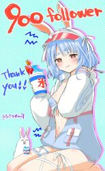 1girl :t animal_ear_fluff animal_ears bikini bikini_under_clothes blue_background blue_bikini blue_nails blue_tongue brain_freeze breasts closed_mouth colored_tongue commentary_request cup disposable_cup don-chan_(usada_pekora) drop_shadow food fruit hat highres holding holding_cup holding_spoon hololive jacket kiritoma long_sleeves milestone_celebration nail_polish navel open_clothes open_jacket polka_dot polka_dot_background puffy_long_sleeves puffy_sleeves rabbit_ears red_hat ribbon-trimmed_bikini ribbon_trim seiza shaved_ice short_eyebrows signature sitting sleeves_past_wrists small_breasts solo_focus spoon strawberry swimsuit thank_you thick_eyebrows usada_pekora usada_pekora_(summer) visor_cap watermelon watermelon_slice wavy_mouth white_jacket