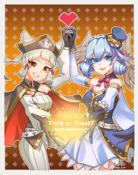 absurdres alternate_costume animal_ears black_gloves blue_eyes blunt_bangs bodysuit border bow breasts cat_ears cleavage cowboy_shot detached_sleeves dress elbow_gloves english_text gloves gradient_background grin halloween hat head_wings hey_cre highres looking_at_viewer medium_breasts melia_antiqua mini_hat mini_top_hat nia_(xenoblade) orange_background pirate_costume pirate_hat short_hair silver_hair simple_background small_breasts smile top_hat white_bodysuit white_border wings xenoblade_chronicles_(series) xenoblade_chronicles_1 xenoblade_chronicles_2 yellow_eyes