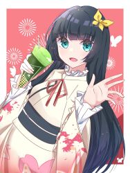 1girl aqua_eyes black_hair black_sash blunt_bangs border bow breasts commentary cowboy_shot crepe floral_print floral_print_kimono food hair_bow highres holding holding_crepe holding_food ikizulive!_love_live!_bluebird japanese_clothes kimono komagata_hanabi long_hair long_sleeves looking_at_viewer love_live! medium_breasts neck_ribbon obi obijime open_hand outside_border pink_background print_kimono red_ribbon ribbon sakari_(pear_8_ll) sash solo very_long_hair white_border wide_sleeves yellow_bow yellow_kimono yellow_shrug