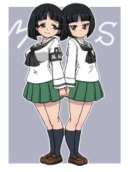 2girls black_hair blush bob_cut breasts brown_eyes closed_mouth full_body girls_und_panzer gotou_moyoko holding_hands konparu_nozomi large_breasts looking_at_another looking_at_viewer multiple_girls ooarai_school_uniform school_uniform short_hair simple_background small_breasts smile takahashi_kurage yuri