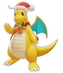 3d absurdres black_eyes claws dragon dragon_tail dragon_wings dragonite dragonite_(holiday) full_body gen_1_pokemon hat highres looking_at_viewer nintendo no_humans official_art open_mouth pokemon pokemon_(creature) pokemon_unite salute santa_hat smile solo standing tail transparent_background wings