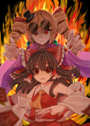 2girls @_@ ascot aura bangle blonde_hair bow bracelet brown_hair coat commentary_request commission detached_sleeves drill_hair earrings eyewear_on_head frilled_bow frilled_hair_tubes frills hair_bow hair_tubes hakurei_reimu hat highres izumi_no_yasushi_aya jewelry long_hair long_sleeves mini_hat mini_top_hat multiple_girls ofuda open_mouth purple_coat red_bow red_eyes red_skirt round_eyewear skirt skirt_set smile sunglasses top_hat touhou twin_drills wide_sleeves yellow_ascot yin_yang yin_yang_print yorigami_jo&#039;on