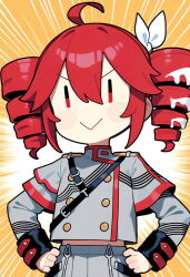 1girl :&gt; ahoge ai-assisted blush_stickers bow brittle buttons closed_mouth double-breasted drill_hair emphasis_lines grey_jacket grey_skirt hair_bow hands_on_own_hips jacket kasane_teto long_sleeves midriff_peek red_eyes red_hair shirt short_hair shoulder_belt shoulder_boards skirt sleeve_cuffs smile solo suggestive_fluid sunburst twin_drills upper_body utau v-shaped_eyebrows white_bow |_|