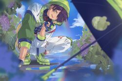 Rule 34 | 1boy, absurdres, animal print, blue gloves, blue sky, blurry, blurry foreground, cloud, ensemble stars!, fingerless gloves, flower, frog print, gloves, green footwear, green hoodie, hair over one eye, hand on ground, highres, hood, hoodie, hydrangea, kuji-in, leaf, long sleeves, multicolored clothes, multicolored hair, official alternate costume, or i, pants, purple hair, rainbow, reflection, reflective water, sengoku shinobu, sky, smile, squatting, standing, standing on liquid, streaked hair, tassel, turtleneck, umbrella, white pants, yellow eyes