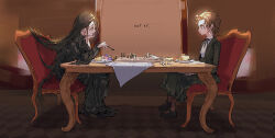 2girls black_dress black_hair black_jacket black_pants black_ribbon black_shoes board_game bow brown_eyes brown_hair cake chair checkered_floor chess_piece closed_mouth collared_shirt cup dress english_text food fork formal_clothes from_side full_body haoriday highres holding indoors jacket kamisaki_hikaru long_hair long_sleeves looking_at_another medalist_(manga) multiple_girls neck_ribbon necktie open_clothes open_jacket pants plate profile ribbon shirt shoes short_hair sitting smile suit table teacup tiles very_long_hair white_shirt yuitsuka_inori