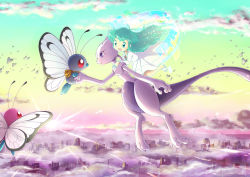 1girl alternate_color amber_(pokemon) ambertwo_(pokemon) blue_eyes butterfree child cityscape dress floating gen_1_pokemon green_hair highres legendary_pokemon mewtwo nintendo pokemon pokemon:_the_first_movie_-_mewtwo_strikes_back pokemon_(anime) pokemon_(classic_anime) pokemon_(creature) shiny_pokemon sunrise wataametulip white_dress