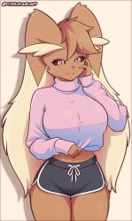 1girl artist_name black_sclera black_shorts breasts closed_mouth colored_sclera crop_top furry furry_female gen_4_pokemon hand_on_own_cheek hand_on_own_face highres large_breasts long_sleeves lopunny nintendo pokemon pokemon_(creature) red_eyes shorts smile solo yorusagiart