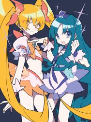 2girls aqua_flower aqua_hair bare_legs beads black_bow blonde_hair blue_bow blue_bowtie blue_choker blue_eyes blue_ribbon blue_wrist_cuffs bow bow_choker bowtie brooch choker closed_mouth cowboy_shot crop_top cure_marine cure_sunshine dot_nose dress dress_flower eyelashes eyes_visible_through_hair flower flower_dress flower_skirt frilled_sleeves frilled_wrist_cuffs frills green_brooch green_eyes hair_beads hair_bow hair_flower hair_ornament hair_ribbon happy heart heart_brooch heart_hair_ornament heartcatch_precure! highres jewelry kurumi_erika long_hair long_sidelocks magical_girl midriff miniskirt mochizuki_kei multicolored_eyes multiple_girls myoudouin_itsuki open_mouth orange_bow orange_choker orange_wrist_cuffs parted_bangs precure puffy_short_sleeves puffy_sleeves red_eyes ribbon shirt short_dress short_sleeves sidelocks simple_background skirt smile sparkle standing twintails two-tone_eyes two-tone_skirt very_long_hair wavy_hair white_dress white_shirt white_skirt white_sleeves wrist_cuffs wrist_flower yellow_bow yellow_bowtie yellow_flower yellow_ribbon yellow_skirt