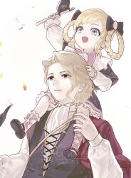 1boy 1girl aged_down black_capelet braid braided_hair_rings braided_twintails brooch brother_and_sister capelet child elise_(fire_emblem) elise_(sparkling_smile)_(fire_emblem) fire_emblem fire_emblem_fates fire_emblem_heroes flower flower_brooch hair_rings jewelry nintendo official_alternate_costume rose siblings ultrablueanya white_flower white_rose xander_(fire_emblem) xander_(focused_firstborn)_(fire_emblem)