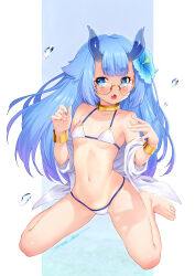 1girl absurdres azur_lane bare_legs bare_shoulders barefoot bespectacled bikini blue_eyes blue_hair bracelet breasts choker commentary fang flower glasses hair_flower hair_ornament highres horns i-13_(azur_lane) jewelry kazuma_muramasa long_hair navel off_shoulder open_mouth outside_border sitting skindentation small_breasts solo string_bikini swimsuit thick_eyebrows wariza white_bikini