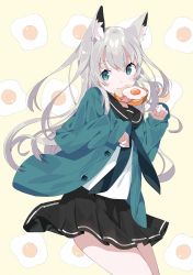 1girl animal_ear_fluff animal_ears bacon black_sailor_collar black_skirt blue_cardigan bread_slice brown_background cardigan commentary_request egg_(food) food food-themed_background food_in_mouth fried_egg fried_egg_on_toast green_eyes grey_hair hair_between_eyes hands_up highres long_hair long_sleeves mouth_hold neckerchief open_cardigan open_clothes original paw_pose pleated_skirt sailor_collar school_uniform serafuku shirt skirt sleeves_past_wrists solo tantan_men_(dragon) toast toast_in_mouth very_long_hair white_shirt