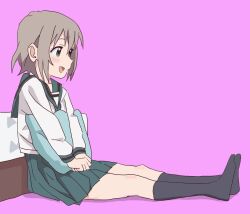 1girl bed black_socks blush female_focus full_body green_eyes green_sailor_collar green_skirt grey_hair medium_hair no_shoes open_mouth pillow pink_background sailor_collar school_uniform serafuku shirt simple_background sitting skirt socks solo white_shirt winter_uniform yama_no_susume yamanety yukimura_aoi