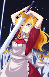 1girl apron arms_up black_bow blonde_hair bow clenched_teeth commentary dress english_commentary frilled_apron frills highres holding holding_sword holding_weapon long_hair looking_at_viewer maid maid_apron maid_headdress mystic_square planted planted_sword planted_weapon puffy_short_sleeves puffy_sleeves short_sleeves solo solo_focus spottylen star_(sky) sword teeth touhou touhou_(pc-98) weapon white_apron white_bow yellow_eyes yumeko_(touhou)