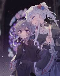 1boy 1girl :d bandage_on_face bandages black_gloves blue_eyes blurry blurry_background fingerless_gloves flower gloves hair_flower hair_ornament haku_eckaran happy_saint_sheol highres holding_another&#039;s_wrist light_frown looking_at_another okamo_(oakm071) open_mouth ponytail purple_eyes purple_hair securett_rafe sidelocks smile stained_glass white_hair