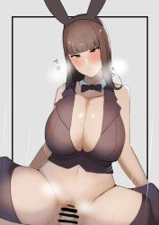 1boy 1girl blush breasts brown_eyes brown_hair censored cleavage clothed_sex cowgirl_position crop_top girls_und_panzer hetero huge_breasts leotard looking_at_viewer mature_female navel nishizumi_shiho penis playboy_bunny pov pubic_hair pussy sex straddling sweat tatsu_(user_rjes8545) vaginal
