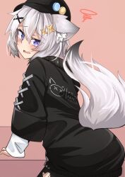 1girl afterimage animal_ear_fluff animal_ears arm_support ash_(vrchat) ass baseball_cap black_hoodie black_jacket black_pants black_pantyhose black_shirt black_sweater blush brown_background newsboy_cap clothes_writing cowboy_shot fox_ears fox_girl fox_tail from_behind gooey_flavor grey_hair hair_between_eyes hair_ornament hairclip hat hood hoodie jacket layered_sleeves leaning_forward long_sleeves looking_at_viewer looking_back open_mouth pants pantyhose parted_lips pink_background puffy_long_sleeves puffy_sleeves purple_eyes shirt short_hair simple_background sleeves_past_wrists solo squiggle star_(symbol) star_hair_ornament sweater tail tail_raised tail_wagging torn_clothes torn_pants torn_pantyhose vrchat wavy_mouth white_hair white_shirt x_hair_ornament