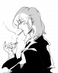 1boy closed_eyes closed_mouth curse_maker curse_maker_1 etrian_odyssey fire from_side greyscale hand_up highres holding hood hood_down hooded_robe long_sleeves male_focus monochrome mouth_hold nikki_kyousuke profile robe simple_background smoke solo upper_body watermark white_background wide_sleeves