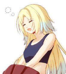 Rule 34 | 1girl, :d, amane61115, bare shoulders, black sports bra, blonde hair, blue hair, breasts, brown dress, closed eyes, commentary, curtained hair, dotted line, dress, fang, gradient hair, hair intakes, hasu no sora school uniform, link! like! love live!, long hair, love live!, medium breasts, multicolored hair, open mouth, osawa rurino, parted bangs, pleated dress, school uniform, simple background, smile, solo, sports bra, squeans, undressing, virtual youtuber, white background, winter uniform