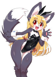 1girl akuma_gaoru animal_ear_fluff animal_ears animal_nose black_bow black_bowtie black_leotard blonde_hair body_fur bow bowtie collar commentary_request covered_navel curvy detached_collar fake_animal_ears fang flat_chest furry furry_female futaba_channel grey_fur highleg highleg_leotard leotard long_hair looking_at_viewer open_hand open_mouth pawpads playboy_bunny rabbit_ears red_eyes salute senzoc skin_fang smile solo strapless strapless_leotard tail two-tone_fur very_long_hair white_background white_collar white_fur white_wrist_cuffs wide_hips wrist_cuffs