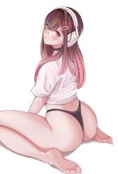 1girl absurdres ass barefoot black_choker brown_hair chaisia_art choker glasses gradient_hair grey_eyes headphones highres kneeling long_hair looking_back multicolored_hair original panties parted_lips pink_hair round_eyewear shirt solo underwear white_background white_shirt