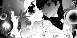 1girl aradia_(megami_tensei) buttons circle coat demon_(megami_tensei) fingernails inkblot jacket looking_at_hand monochrome shaded_face shin_megami_tensei shin_megami_tensei_iii:_nocturne short_hair silhouette takao_yuko turtleneck upper_body yumiglymmtd