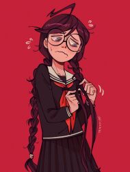 Rule 34 | 1girl, ahoge, artist name, black serafuku, black shirt, black skirt, blush, braid, closed mouth, commentary, danganronpa: trigger happy havoc, danganronpa (series), danganronpa another episode: ultra despair girls, english commentary, flying sweatdrops, fukawa toko, glasses, highres, long hair, long sleeves, messy hair, mole, mole under mouth, neckerchief, purple eyes, purple hair, red background, red neckerchief, round eyewear, sailor collar, school uniform, seiishin, serafuku, shirt, simple background, skirt, solo, twin braids, tying hair, wavy mouth, white sailor collar