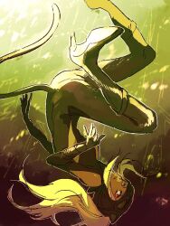 1girl animal_hood blonde_hair bodysuit cat_hood catsuit dark-skinned_female dark_skin full_body gloves goggles gravity_daze hood kitten_(gravity_daze) long_hair looking_at_viewer mossan351 solo tail